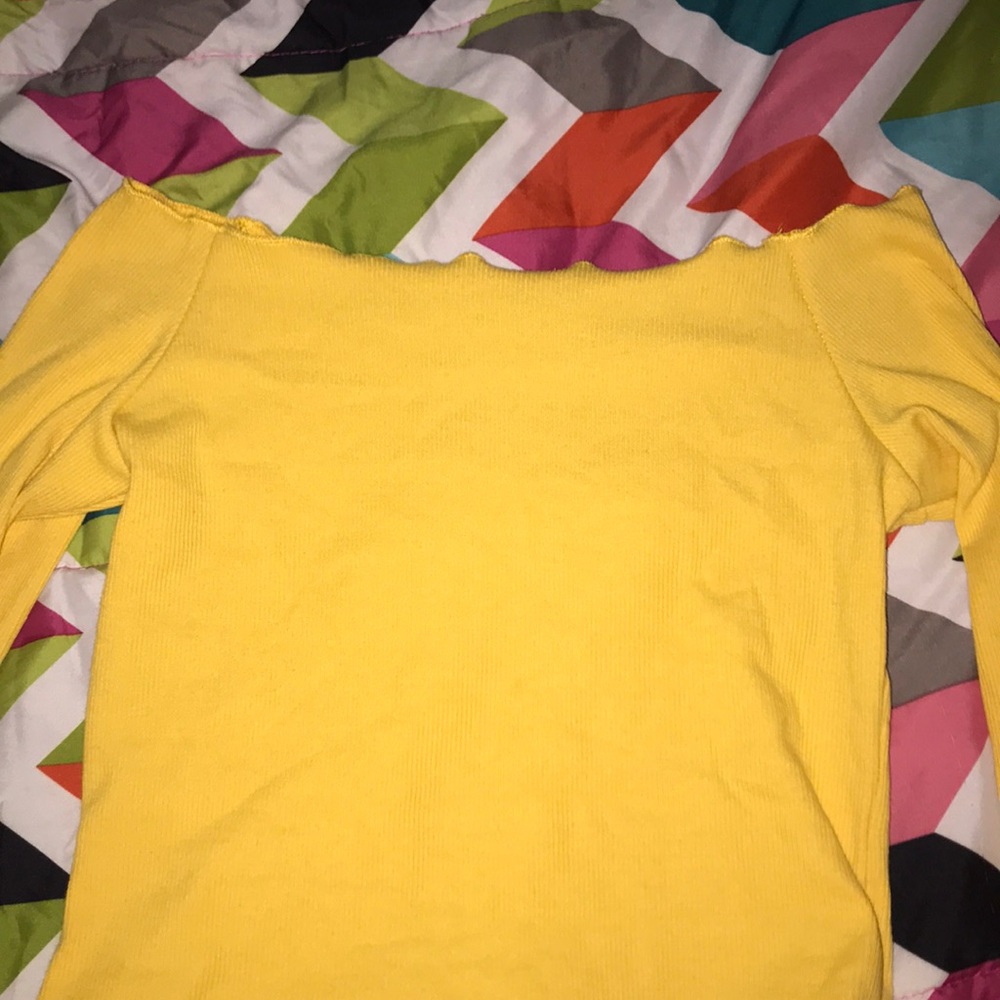 Yellow off the shoulder crop top with lettuce trim